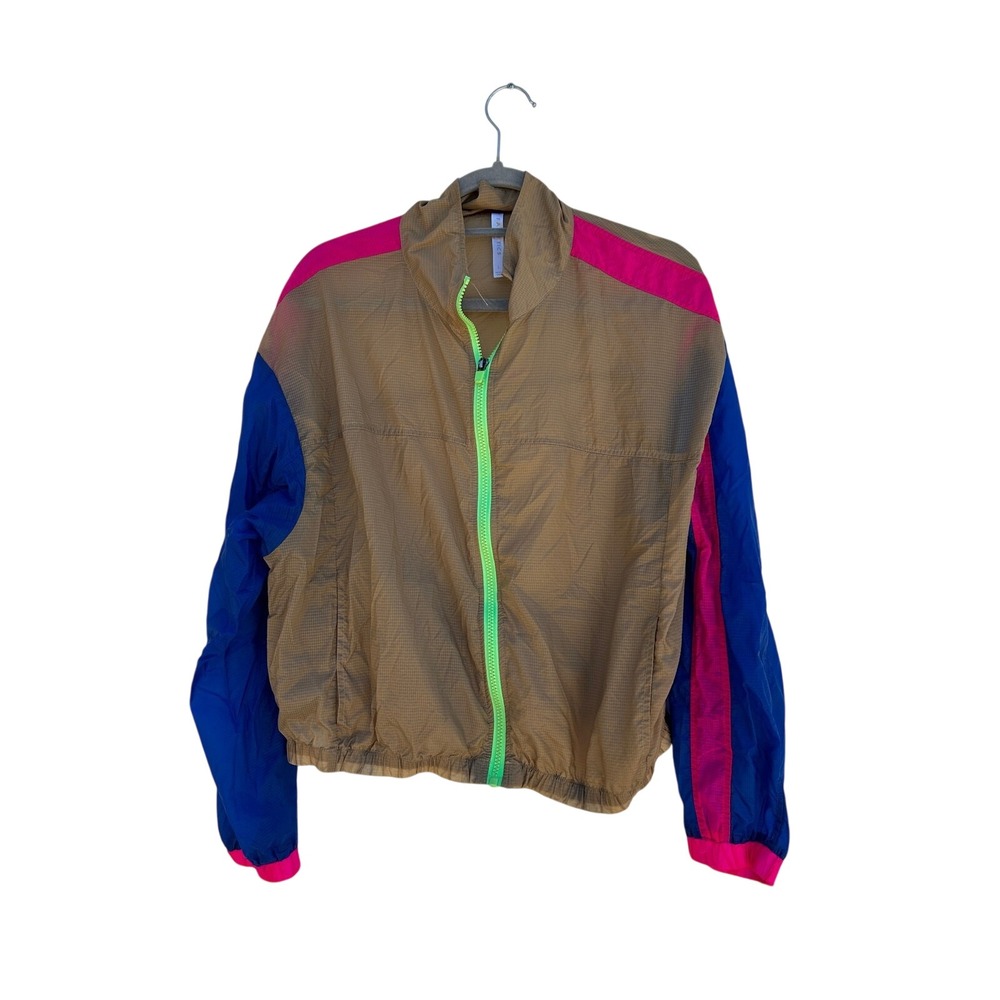 Fabletics Womens Packable Windbreaker Jacket Colorblock Ripstop Tan Blue Pink L